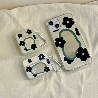 Black Flower Mirror Earphone Case For Airpods with Hook