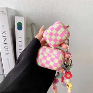 Checkerboard Earphone Case For Airpods with Chain